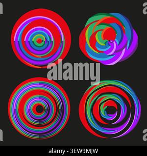 Abstract circular forms pack features colorful vector concentric spiral shapes. Vibrant collection visualizes motion. eps 10 Stock Vector