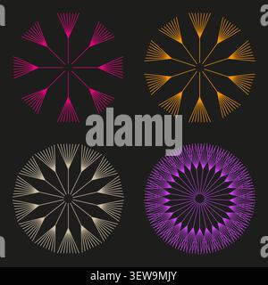 Geometric star forms pack features colorful vector radial burst shapes. Vibrant collection visualizes abstract flower. eps 10 Stock Vector