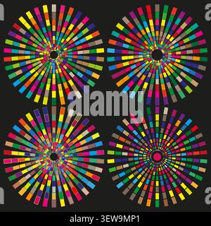 Geometric sunburst forms pack features colorful vector mosaic radial shapes. Vibrant collection visualizes star. eps 10 Stock Vector