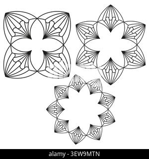 Geometric star forms pack features black vector wireframe floral shapes. Minimal collection visualizes abstract mandala. eps 10 Stock Vector
