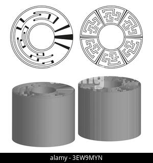 Geometric maze forms pack features grey vector 3d cylinder shapes. Minimal collection visualizes abstract labyrinth. eps 10 Stock Vector