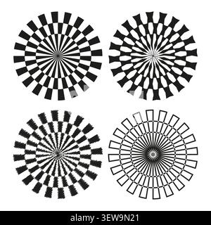 Geometric circular forms pack features black vector radial checkered shapes. Minimal collection visualizes sunburst. eps 10 Stock Vector