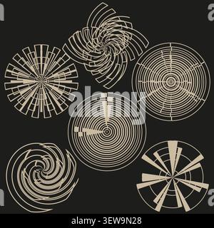Geometric circular forms pack features beige vector segmented concentric shapes. Minimal collection visualizes abstract art. eps 10 Stock Vector