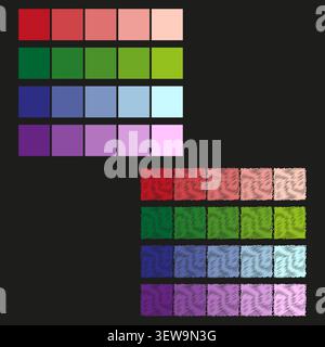 Color palette forms pack features colorful vector rectangular shade swatches. Vibrant collection highlights graphic design. eps 10 Stock Vector
