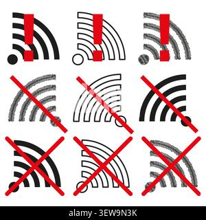 Wifi internet connection forms pack features black vector wireless waves. Minimal collection highlights offline errors. eps 10 Stock Vector