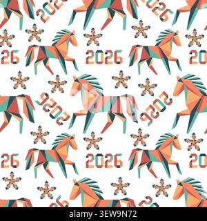 Geometric horse pattern with snowflakes and numbers on white background for New Year 2026 vector Stock Vector