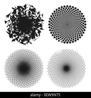 Abstract geometric sunburst forms pack features black vector radial point patterns. Minimal collection visualizes energy. eps 10 Stock Vector
