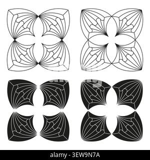 Abstract floral forms pack features black vector geometric petal shapes. Minimal collection visualizes symmetric art. eps 10 Stock Vector