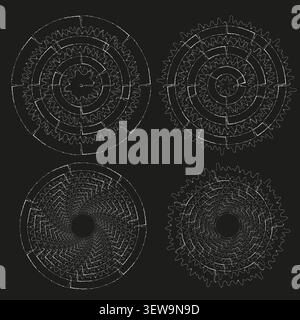 Abstract geometric circular forms pack features white vector maze patterns. Minimalist labyrinth collection visualizes logic. eps 10 Stock Vector