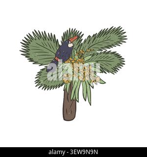 Textured vector art of colorful toucan sitting on tropical palm tree with yellow orchid flowers. Stock Vector