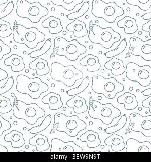 Seamless pattern with fried eggs, sausages, and leafy greens in simple line art style background vector Stock Vector