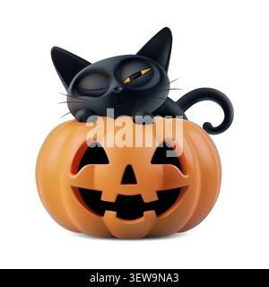 Halloween black cat sleep in carved pumpkin. Cute vector october illustration, cartoon character peep smiling. Funny squint witch pet sticker isolated Stock Vector