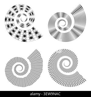 Geometric spiral forms pack features black vector nautilus shell shapes. Minimal collection visualizes abstract wave. eps 10 Stock Vector