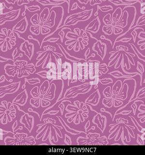 Monochrome purple brush strokes inky flowers seamless pattern Stock Vector