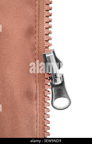 Brown plastic zipper with metallic slider closeup isolated over white Stock Photo