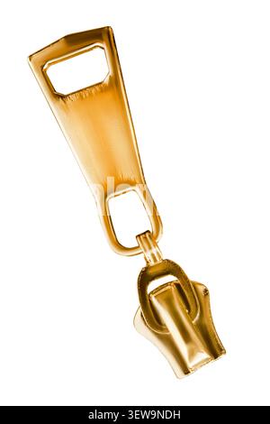 Golden metal zip slider isolated on white background Stock Photo