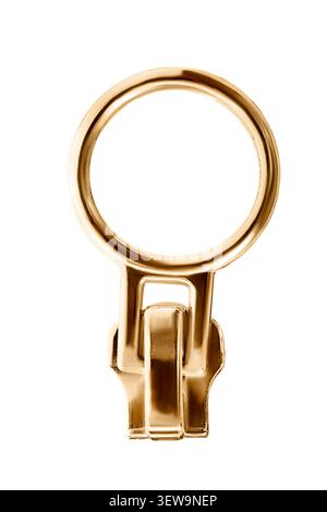 Golden zip slider with ring isolated on whtie background Stock Photo