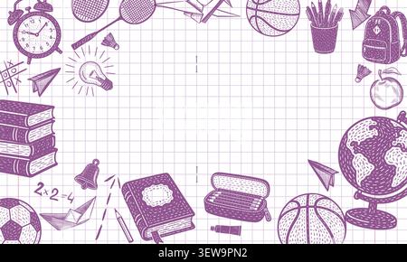 Back to school Kids education. Doodle hand drawn text frame. Pen sketch elements. Children study. Science learn. Books and stationery. Vector Not AI Stock Vector