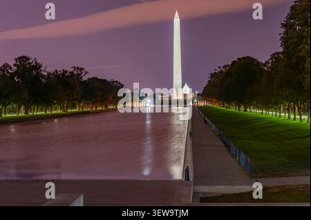 Washington Monument over the Reflecting Pool at night Stock Photo