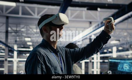 Programmer uses a VR headset in a server farm to install updates and keep AI infrastructure running. Stock Photo