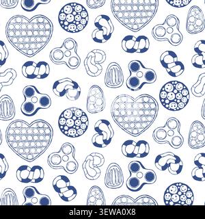 Sensory Fidget Toy Seamless Pattern Hand Drawn. Stress Relief Bubble Heart, Spiky Ball and Spinner on White Background. Blue Line Art. Vector illustra Stock Vector