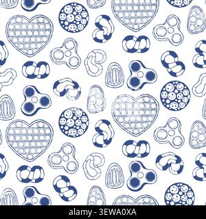 Sensory Fidget Toy Seamless Pattern Hand Drawn. Stress Relief Bubble Heart, Spiky Ball and Spinner on White Background. Blue Line Art. Vector illustra Stock Vector