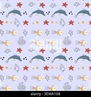 Cute tropical starfish and dolphin pattern in doodle scandinavian style. Hand drawn vector illustration of sea creatures and plants, corals, underwate Stock Vector