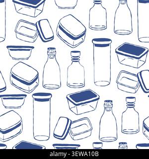 Food Storage Containers and Glass Jars Seamless Pattern. Lunch Box, Bottles and Kitchen Kitchenware on White Background. Blue Outline Hand-Drawn Doodl Stock Vector