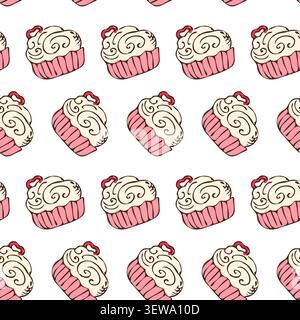 Sweet cupcake and heart cookie pattern in doodle sketch style. Bakery sweet dessert, white and pink pattern on white background. Vintage cupcake textu Stock Vector
