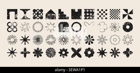 Brutalist geometric shapes, modern grunge symbols. Simple primitive elements and forms, distressed details. Retro design, aged, vintage, trendy Stock Vector