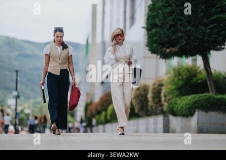 Two businesswomen walking and talking on phone in urban corporate streetwear Stock Photo