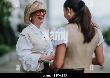 Two businesswomen smiling and chatting outdoors in professional attire during a casual meeting Stock Photo