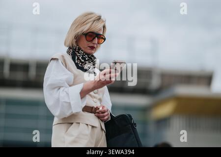 Businesswoman checking her phone outdoors in smart casual outfit with scarf and briefcase Stock Photo