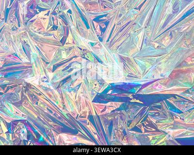 Crumpled iridescent holographic foil surface with prismatic rainbow color shift and crystal facet texture Stock Photo