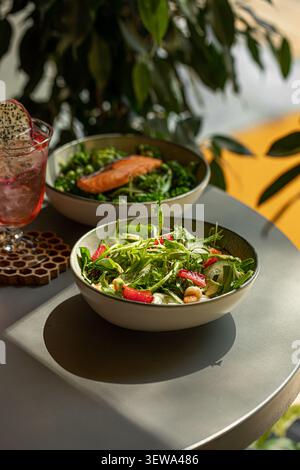 Fresh shrimp green salad with summer cocktail Stock Photo