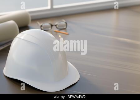 Construction and engineering 3D render concept. White safety hard hat with rolled blueprints, glasses and pencil on wooden floor background with copy Stock Photo