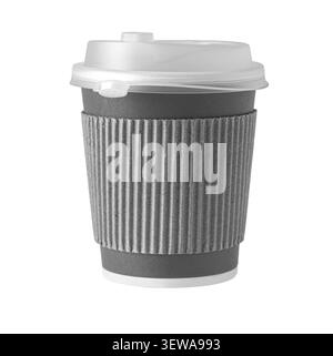 Black takeaway coffee cup with a corrugated cardboard sleeve and plastic lid Stock Photo