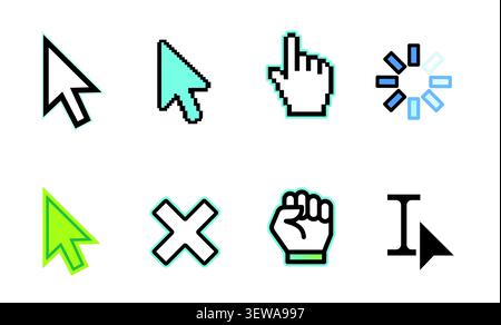 Mouse cursor and pointer pixel icon set with click, loading and interface symbols vector Stock Vector