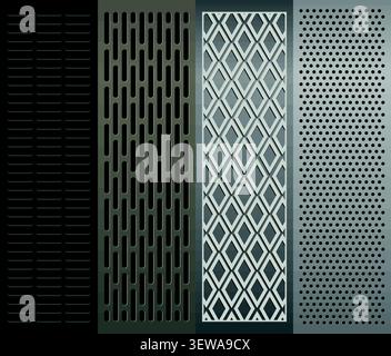 Decorative metal grille pattern set with perforated laser cut panel vector collection Stock Vector