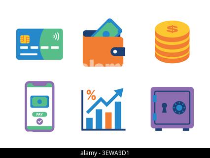 Finance and digital payment icon set with banking, wallet, savings and investment vector Stock Vector