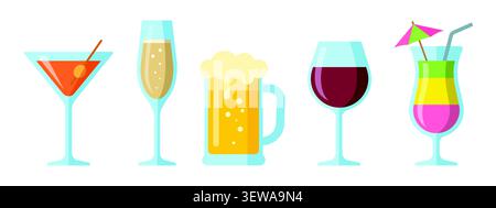 Alcoholic beverage icon set with cocktail, champagne, beer, wine and tropical drink vector Stock Vector
