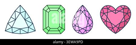 Gemstone icon set with diamond, emerald, crystal, gemstone and heart jewel vector Stock Vector