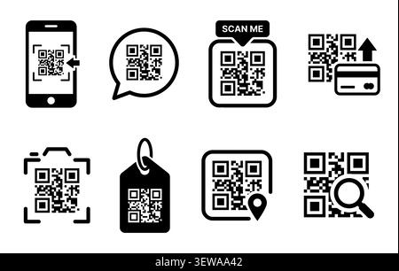 QR code icon set with mobile scan, payment and barcode scanner symbols vector Stock Vector