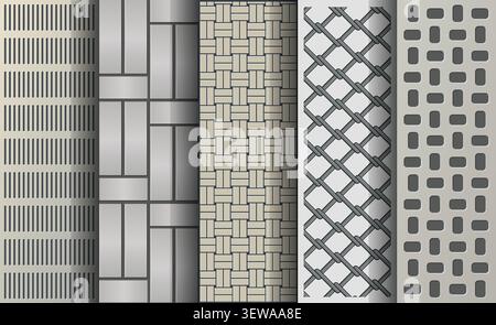 Decorative metal panel pattern set with perforated grille and geometric screen vector Stock Vector