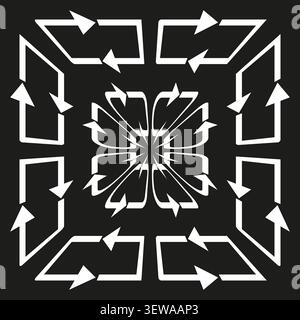 Square arrow loop mandala feature black vector pattern. This geometric rotation sync complements abstract flow charts. eps 10 Stock Vector