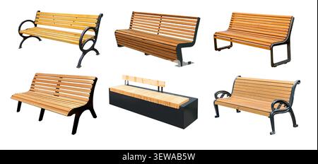 Collection of public wooden benches with metal frames for outdoor seating Stock Photo