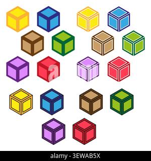 Isometric cube block feature colorful vector set. This abstract geometric box represents simple 3d data networks. eps 10 Stock Vector