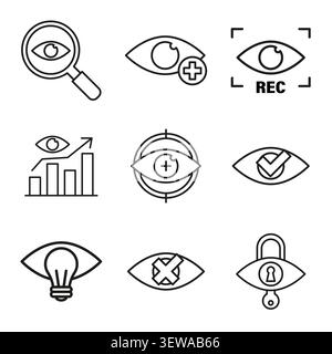 Eye vision interface set features black vector icons. It complements digital security and web analytics designs. eps 10 Stock Vector