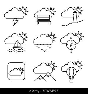 Weather travel vacation icon set features linear vector element. Represents autumn storm climate and morning sky adventure. eps 10 Stock Vector