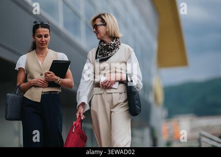 Two professional businesswomen walking and discussing work outside a modern office building Stock Photo